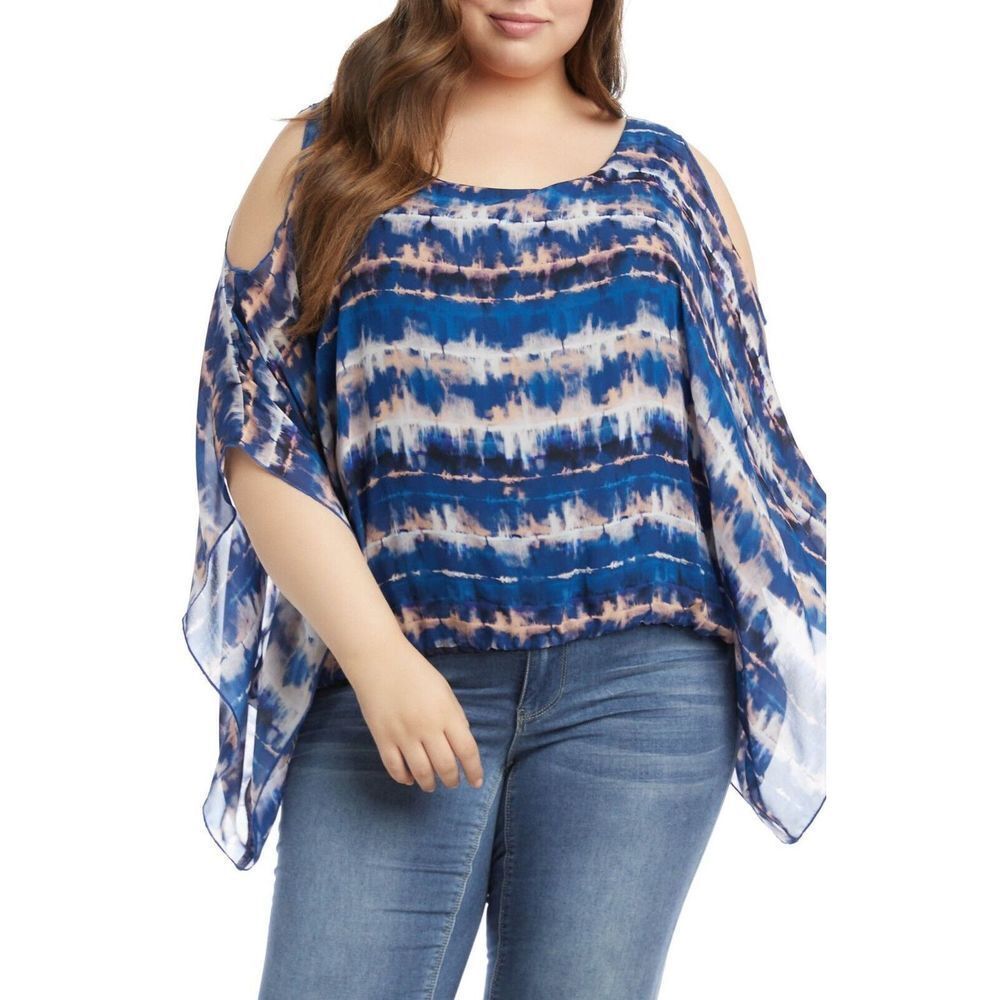 Karen Kane Women's Plus Sz 1X Seaside Blue Tie Dye Cold Shoulder Scarf Top $150